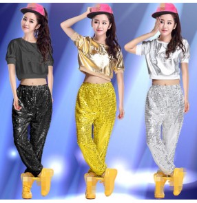 Silver gold black sequins fashion women's girls stage performance singer jazz dj ds hip hop dance costumes outfits